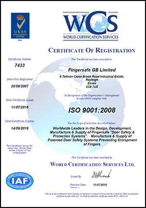 Fingersafe&reg; ISO9001 certificate